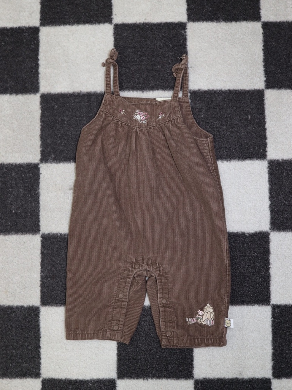 Brown Corduroy Girls' Romper Classic Pooh with Floral Embroidery